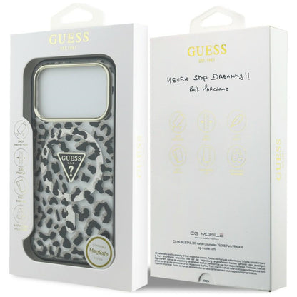 Husa MagSafe pentru Apple iPhone 18 Pro / 17 Pro, Guess, Leopard Glitter Triangle Logo, Neagra