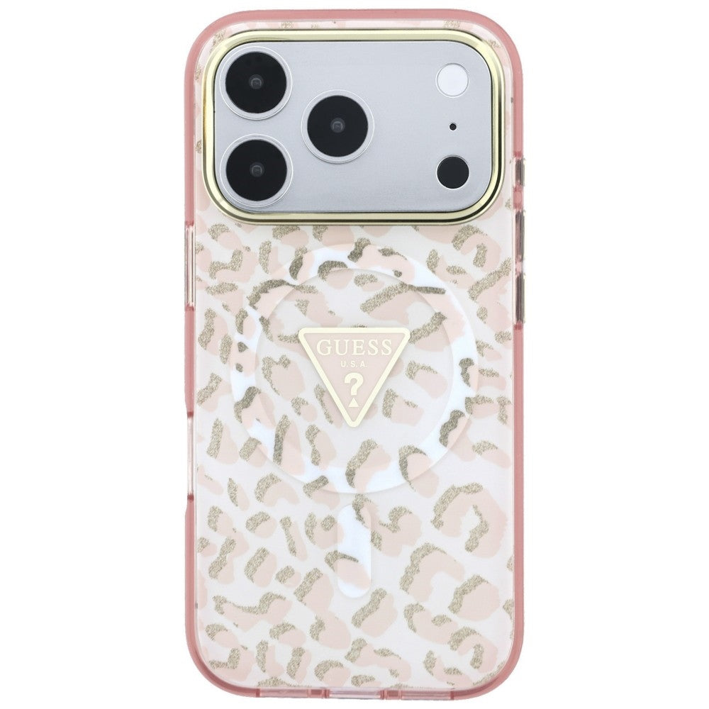 Husa MagSafe pentru Apple iPhone 18 Pro / 17 Pro, Guess, Leopard Glitter Triangle Logo, Roz