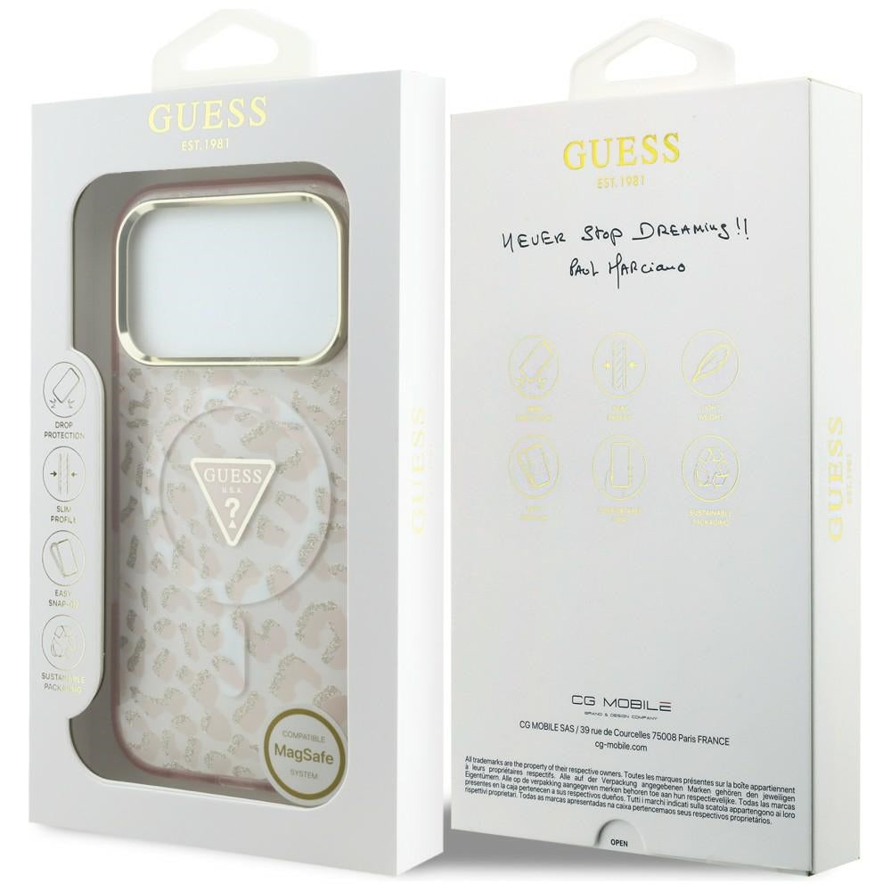 Husa MagSafe pentru Apple iPhone 18 Pro / 17 Pro, Guess, Leopard Glitter Triangle Logo, Roz