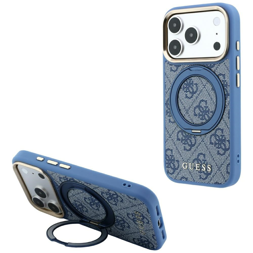 Husa MagSafe pentru Apple iPhone 18 Pro / 17 Pro, Guess, Ring Stand 360 4G Classic Logo, Albastra