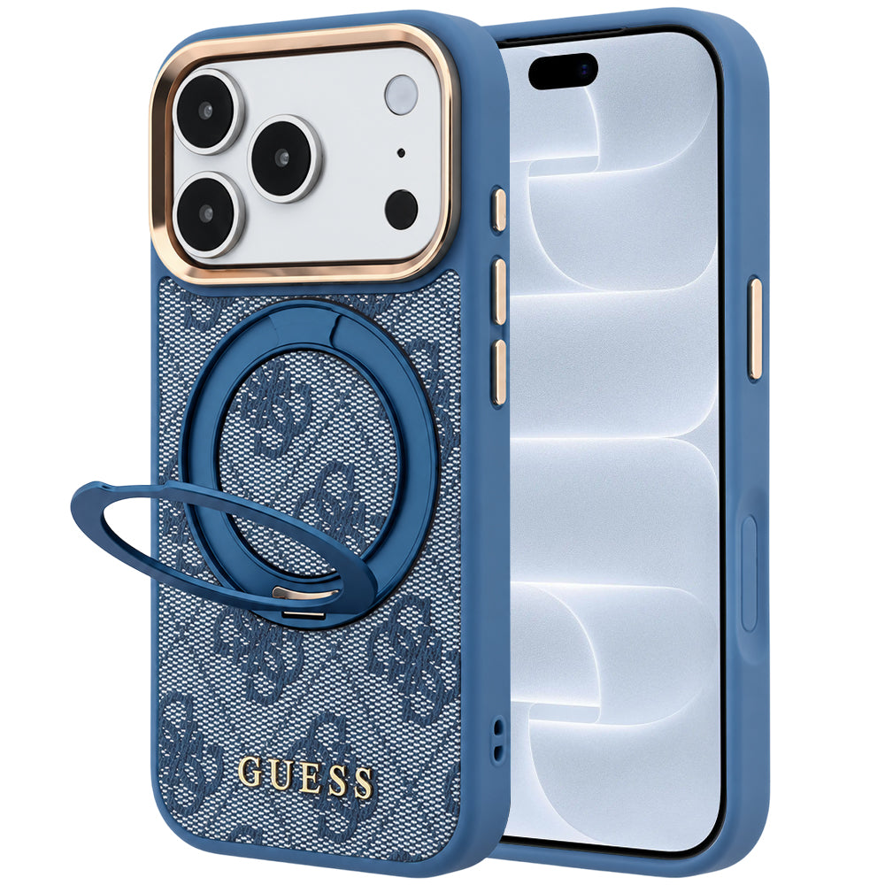 Husa MagSafe pentru Apple iPhone 18 Pro / 17 Pro, Guess, Ring Stand 360 4G Classic Logo, Albastra
