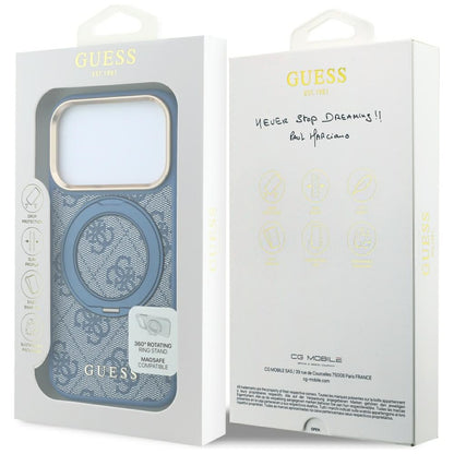 Husa MagSafe pentru Apple iPhone 18 Pro / 17 Pro, Guess, Ring Stand 360 4G Classic Logo, Albastra