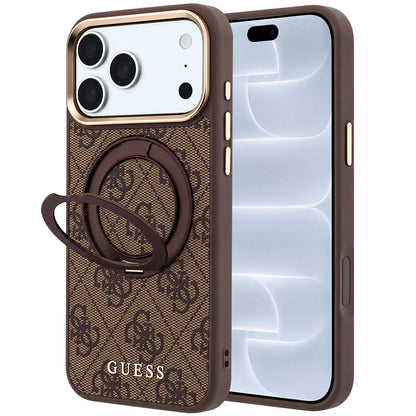 Husa MagSafe pentru Apple iPhone 18 Pro / 17 Pro, Guess, Ring Stand 360 4G Classic Logo, Maro