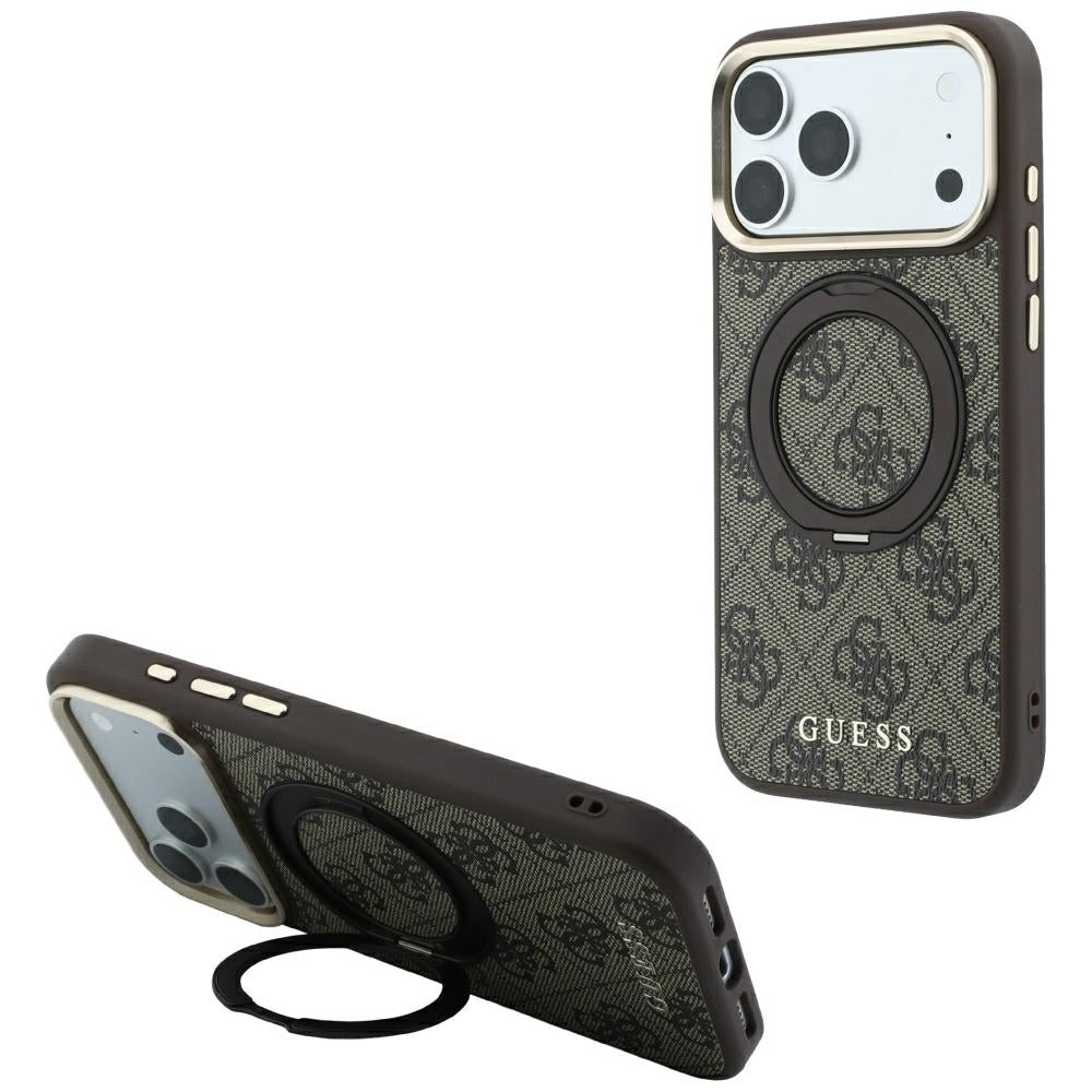 Husa MagSafe pentru Apple iPhone 18 Pro / 17 Pro, Guess, Ring Stand 360 4G Classic Logo, Maro