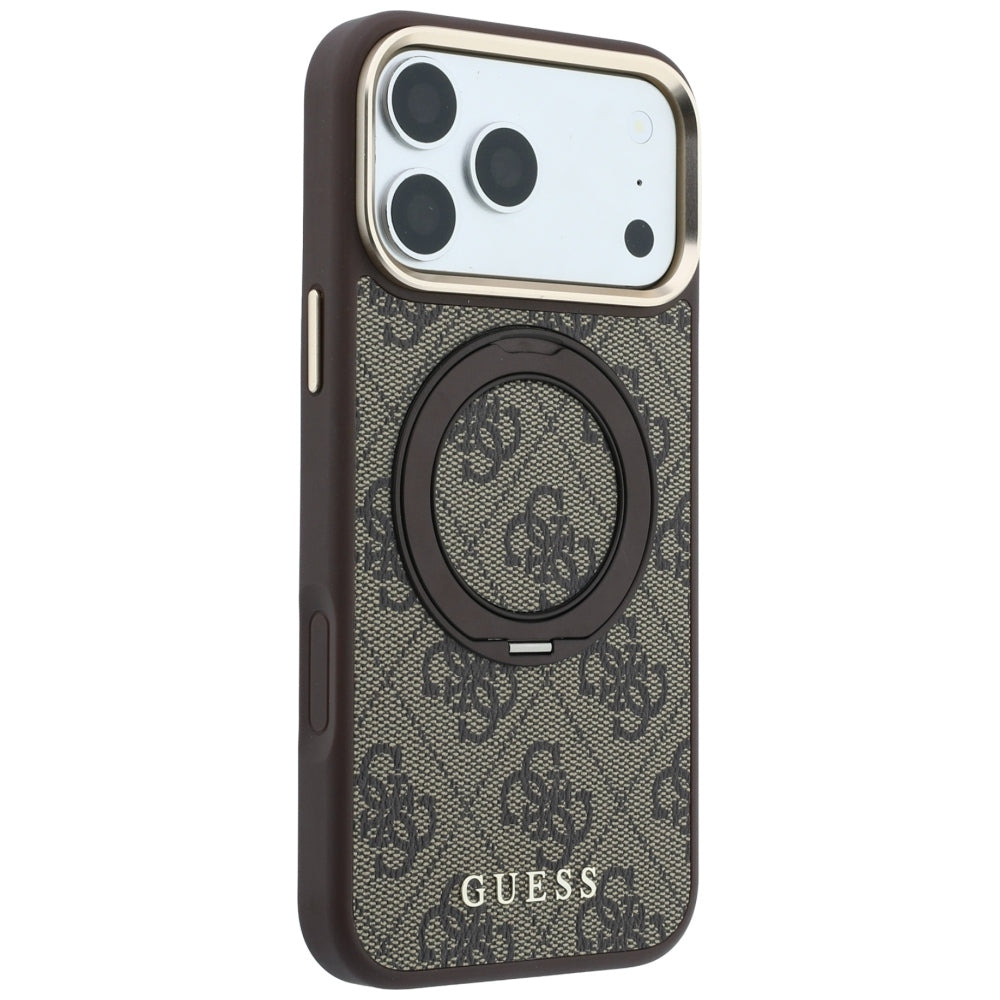 Husa MagSafe pentru Apple iPhone 18 Pro / 17 Pro, Guess, Ring Stand 360 4G Classic Logo, Maro