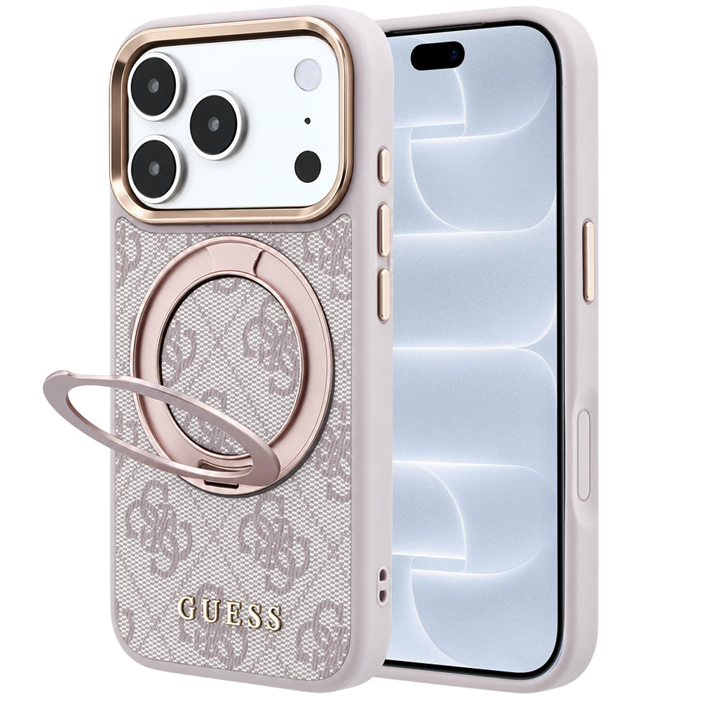 Husa MagSafe pentru Apple iPhone 18 Pro / 17 Pro, Guess, Ring Stand 360 4G Classic Logo, Roz