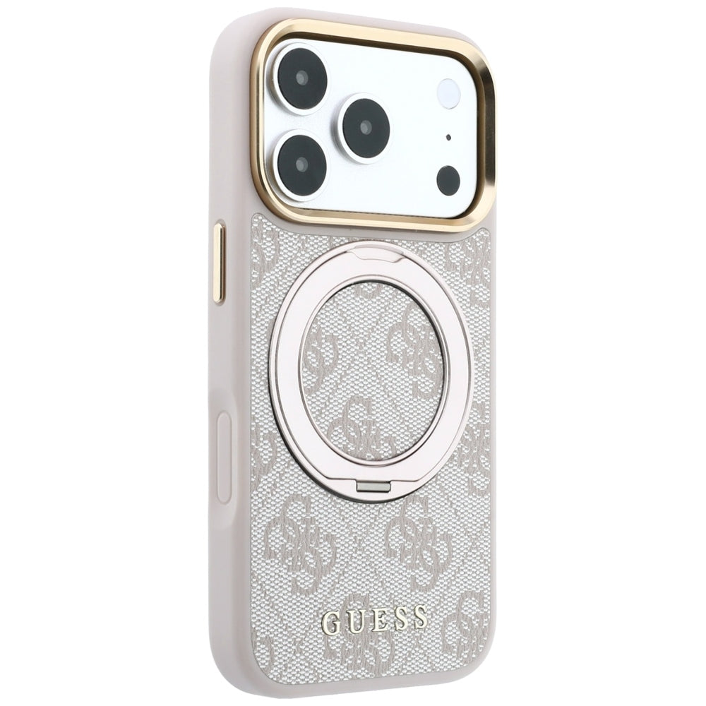 Husa MagSafe pentru Apple iPhone 18 Pro / 17 Pro, Guess, Ring Stand 360 4G Classic Logo, Roz