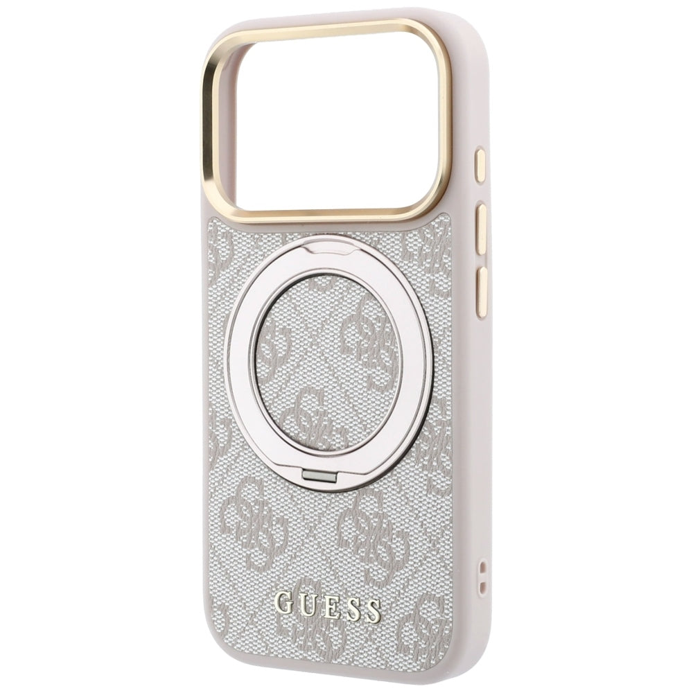 Husa MagSafe pentru Apple iPhone 18 Pro / 17 Pro, Guess, Ring Stand 360 4G Classic Logo, Roz