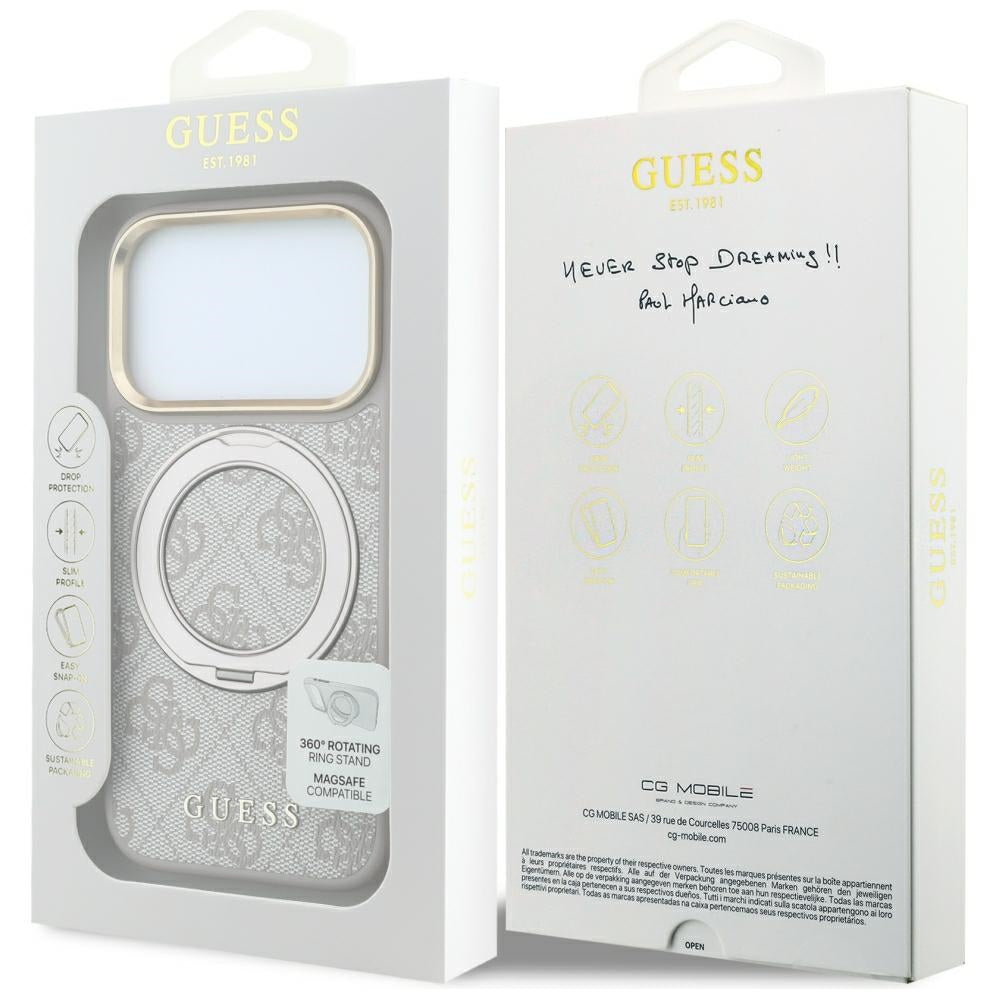 Husa MagSafe pentru Apple iPhone 18 Pro / 17 Pro, Guess, Ring Stand 360 4G Classic Logo, Roz