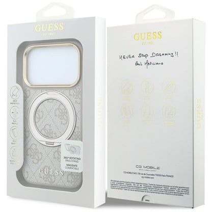 Husa MagSafe pentru Apple iPhone 18 Pro / 17 Pro, Guess, Ring Stand 360 4G Classic Logo, Roz