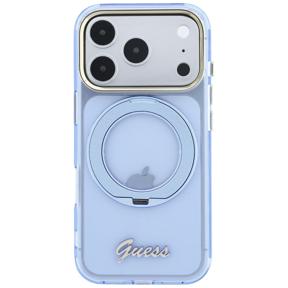 Husa MagSafe pentru Apple iPhone 18 Pro / 17 Pro, Guess, Ring Stand Script Metal Logo, Bleu