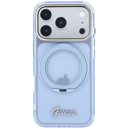 Husa MagSafe pentru Apple iPhone 18 Pro / 17 Pro, Guess, Ring Stand Script Metal Logo, Bleu