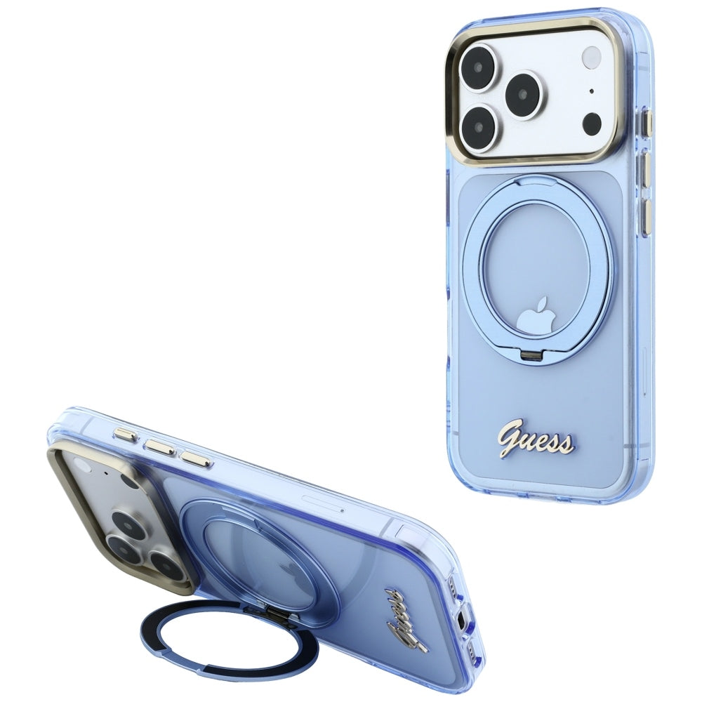 Husa MagSafe pentru Apple iPhone 18 Pro / 17 Pro, Guess, Ring Stand Script Metal Logo, Bleu