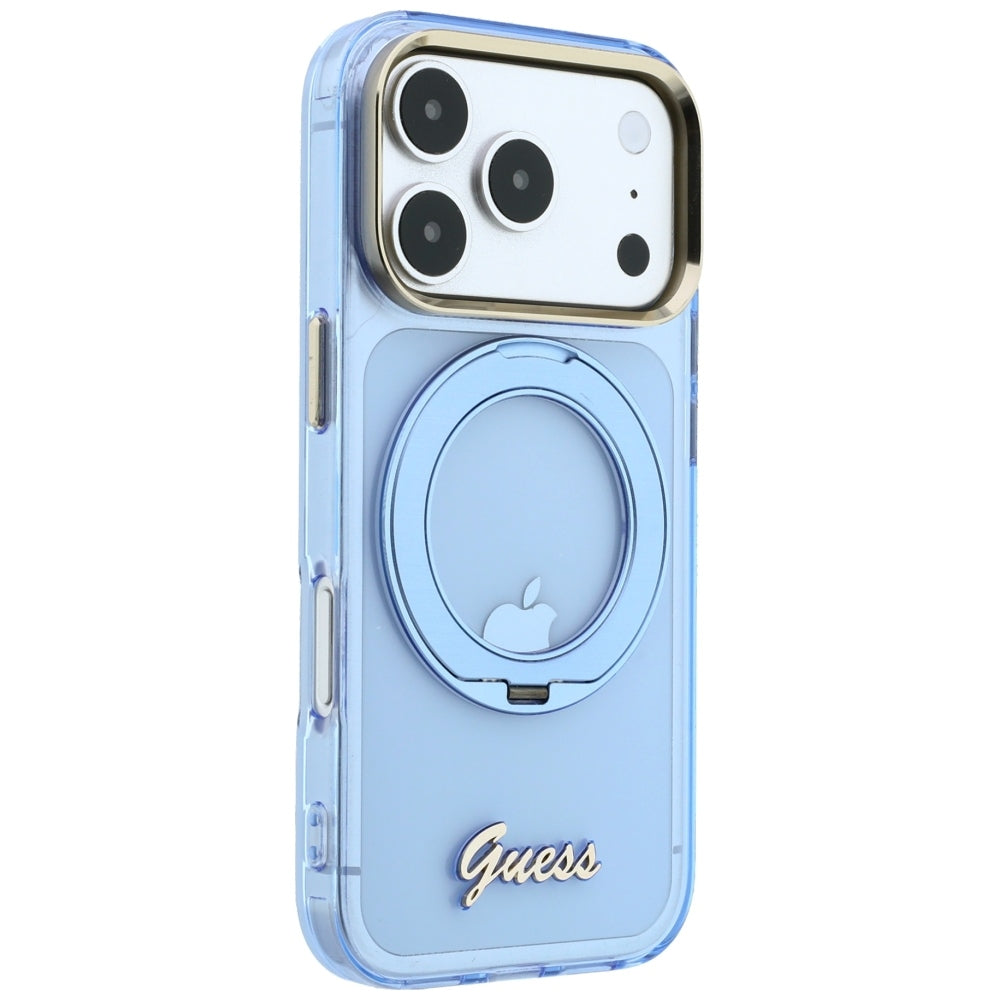 Husa MagSafe pentru Apple iPhone 18 Pro / 17 Pro, Guess, Ring Stand Script Metal Logo, Bleu