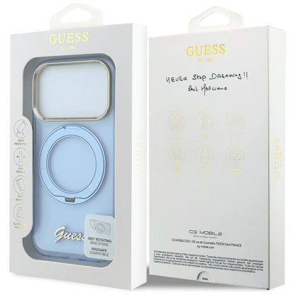 Husa MagSafe pentru Apple iPhone 18 Pro / 17 Pro, Guess, Ring Stand Script Metal Logo, Bleu