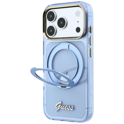 Husa MagSafe pentru Apple iPhone 18 Pro / 17 Pro, Guess, Ring Stand Script Metal Logo, Bleu