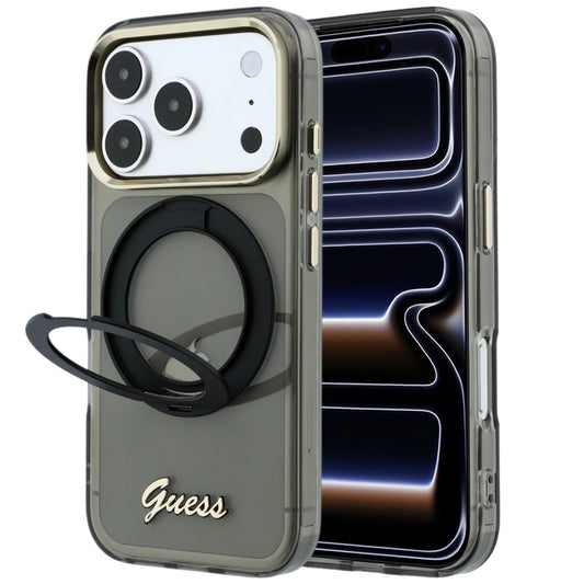 Husa MagSafe pentru Apple iPhone 18 Pro / 17 Pro, Guess, Ring Stand Script Metal Logo, Neagra