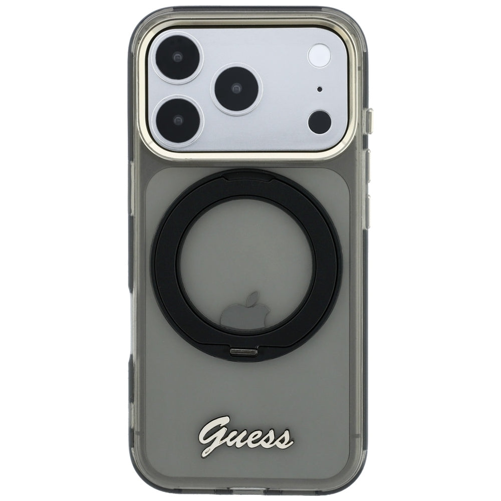 Husa MagSafe pentru Apple iPhone 18 Pro / 17 Pro, Guess, Ring Stand Script Metal Logo, Neagra