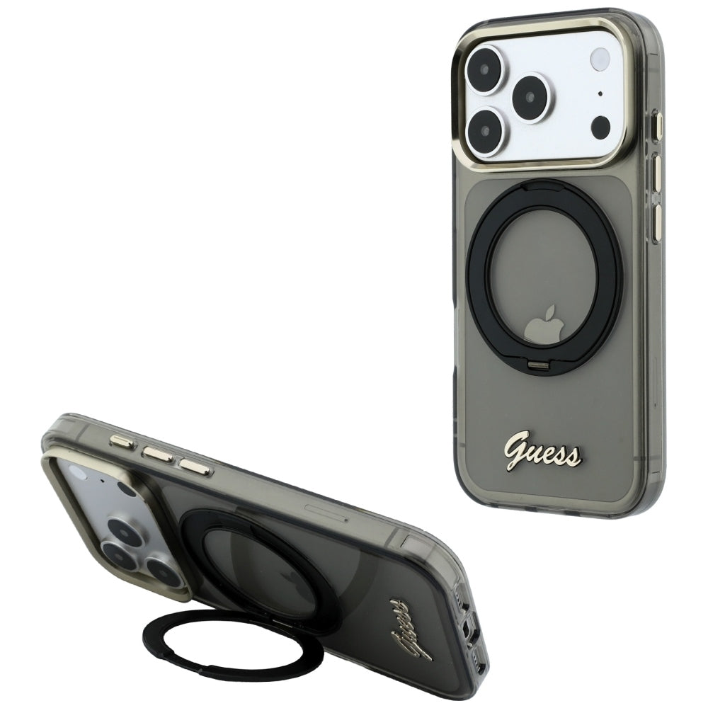 Husa MagSafe pentru Apple iPhone 18 Pro / 17 Pro, Guess, Ring Stand Script Metal Logo, Neagra