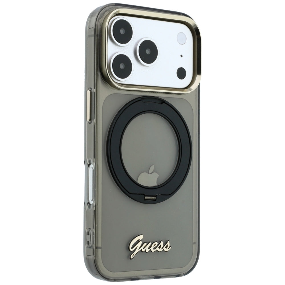Husa MagSafe pentru Apple iPhone 18 Pro / 17 Pro, Guess, Ring Stand Script Metal Logo, Neagra