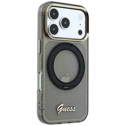 Husa MagSafe pentru Apple iPhone 18 Pro / 17 Pro, Guess, Ring Stand Script Metal Logo, Neagra