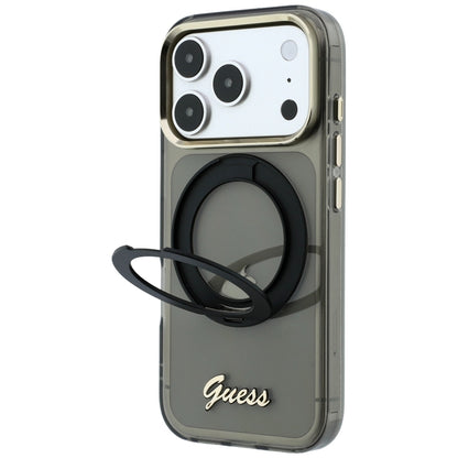 Husa MagSafe pentru Apple iPhone 18 Pro / 17 Pro, Guess, Ring Stand Script Metal Logo, Neagra