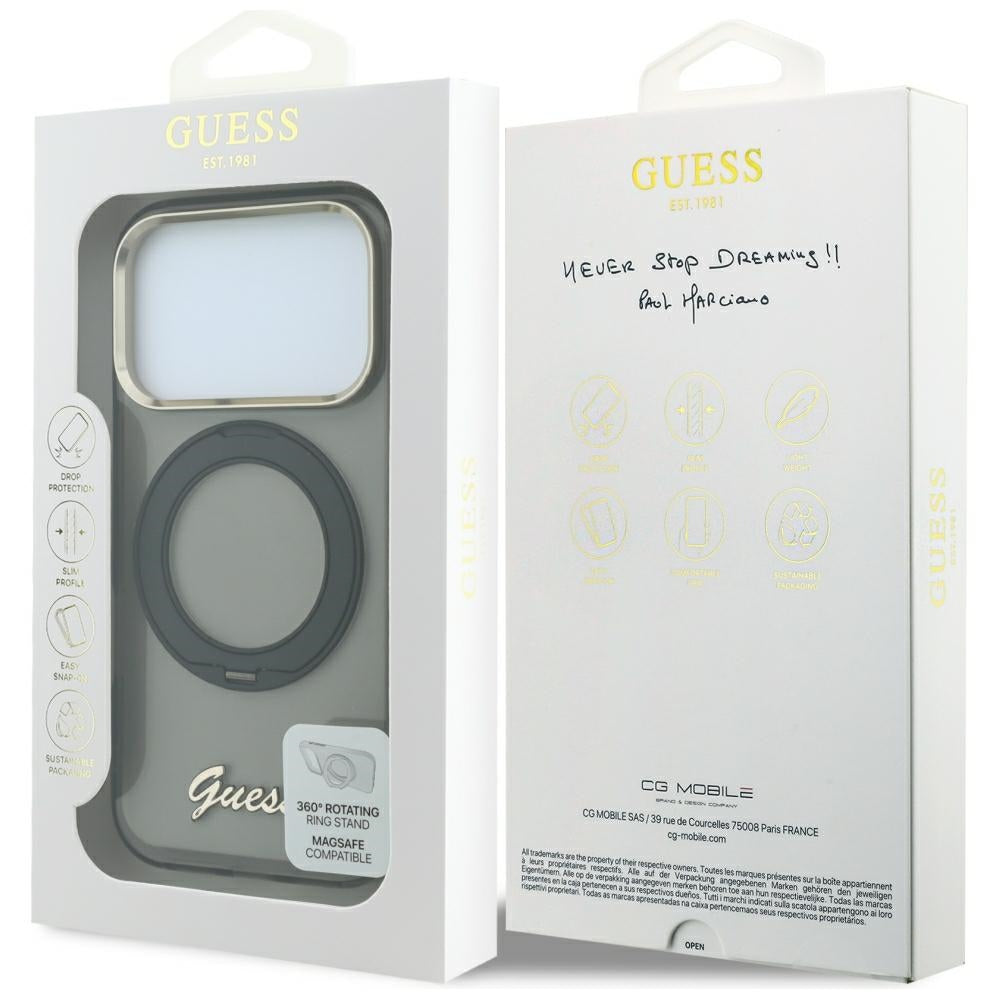 Husa MagSafe pentru Apple iPhone 18 Pro / 17 Pro, Guess, Ring Stand Script Metal Logo, Neagra