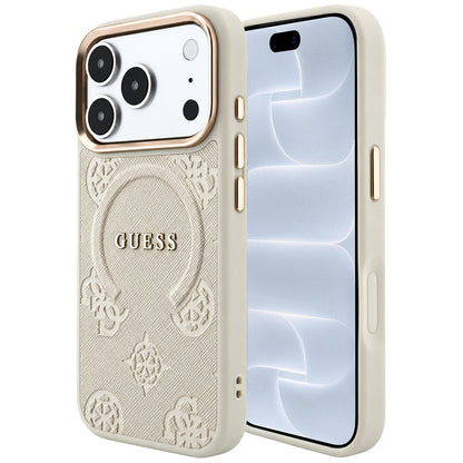 Husa MagSafe pentru Apple iPhone 18 Pro / 17 Pro, Guess, Saffiano Peony Ring, Bej