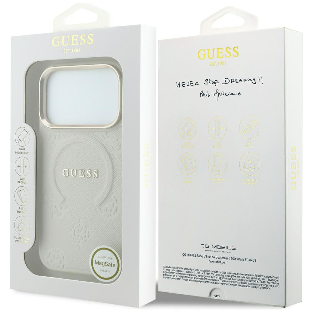 Husa MagSafe pentru Apple iPhone 18 Pro / 17 Pro, Guess, Saffiano Peony Ring, Bej