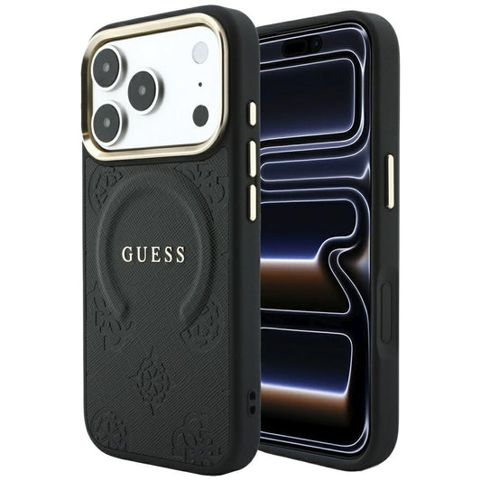 Husa MagSafe pentru Apple iPhone 18 Pro / 17 Pro, Guess, Saffiano Peony Ring, Neagra