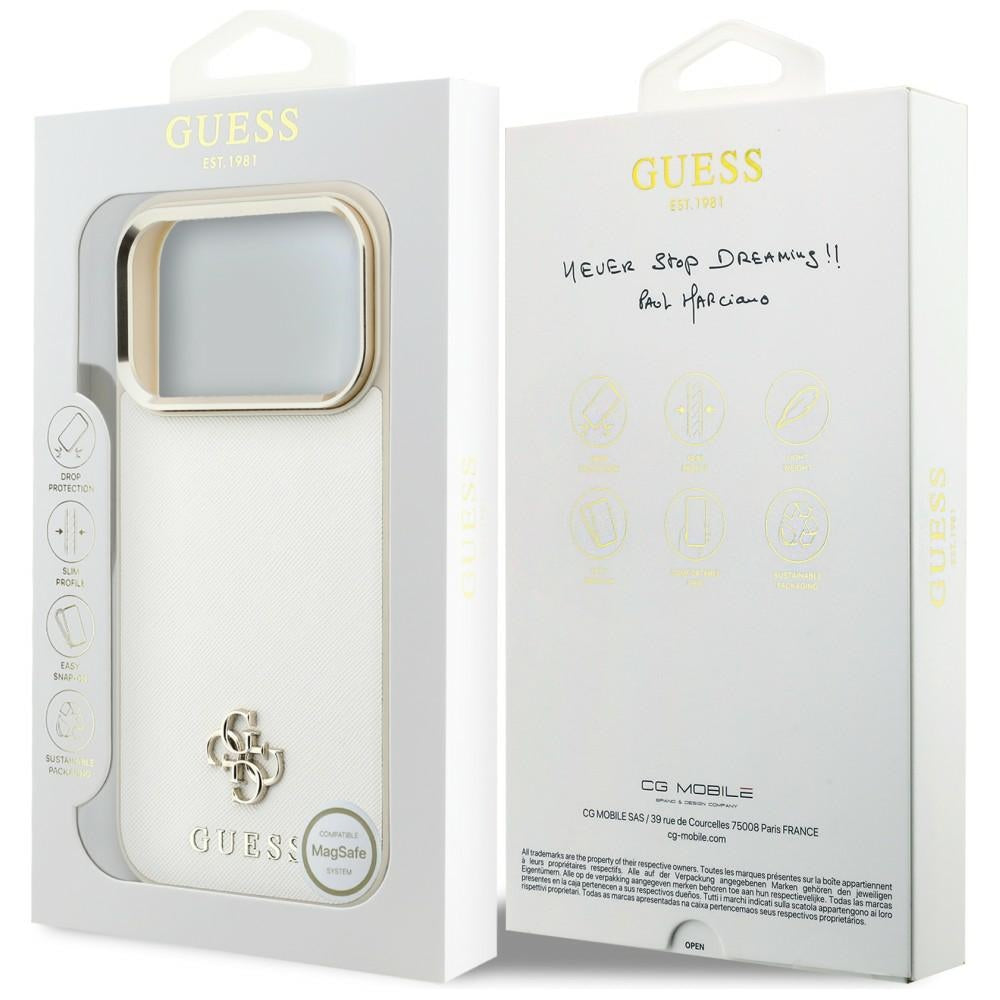 Husa MagSafe pentru Apple iPhone 18 Pro / 17 Pro, Guess, Saffiano Small 4G Classic, Bej