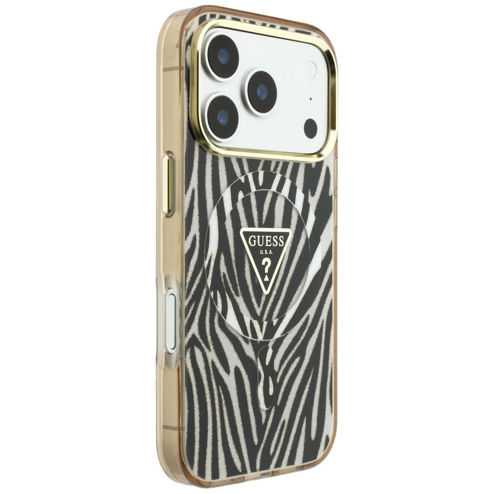 Husa MagSafe pentru Apple iPhone 18 Pro / 17 Pro, Guess, Zebra Glitter Triangle Logo, Aurie