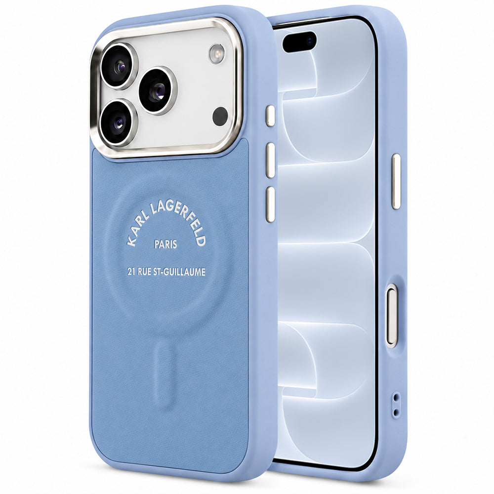 Husa MagSafe pentru Apple iPhone 18 Pro / 17 Pro, Karl Lagerfeld, Embossed Open Ring RSG Logo, Albastra