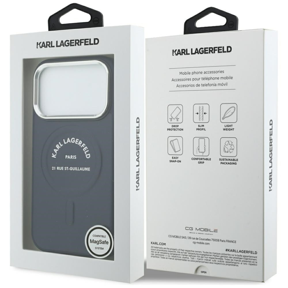 Husa MagSafe pentru Apple iPhone 18 Pro / 17 Pro, Karl Lagerfeld, Embossed Open Ring RSG Logo, Albastra