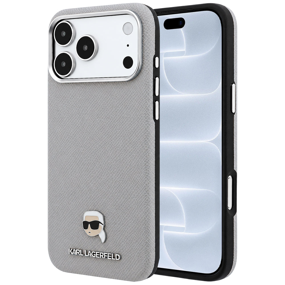 Husa MagSafe pentru Apple iPhone 18 Pro / 17 Pro, Karl Lagerfeld, Grained Karl Head's Metal, Gri