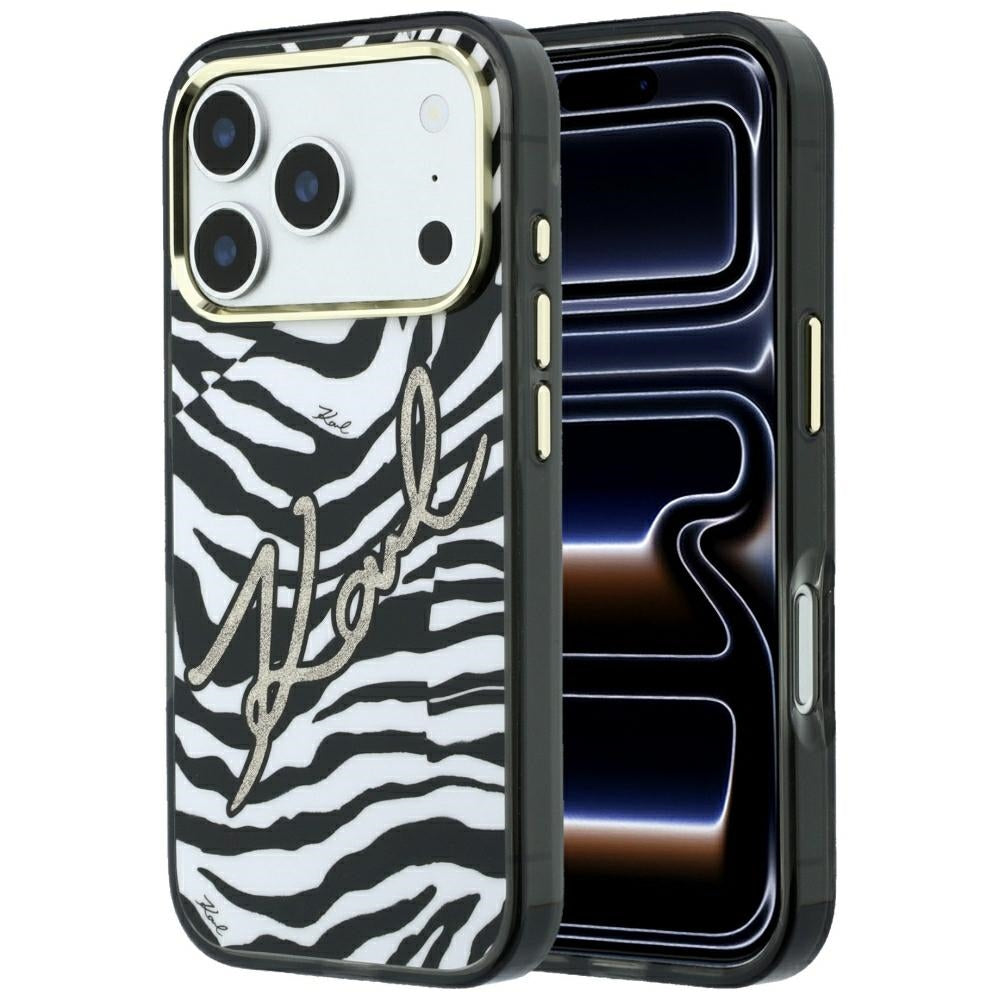 Husa MagSafe pentru Apple iPhone 18 Pro / 17 Pro, Karl Lagerfeld, HC IML Signature Zebra Glitter Gold, Neagra