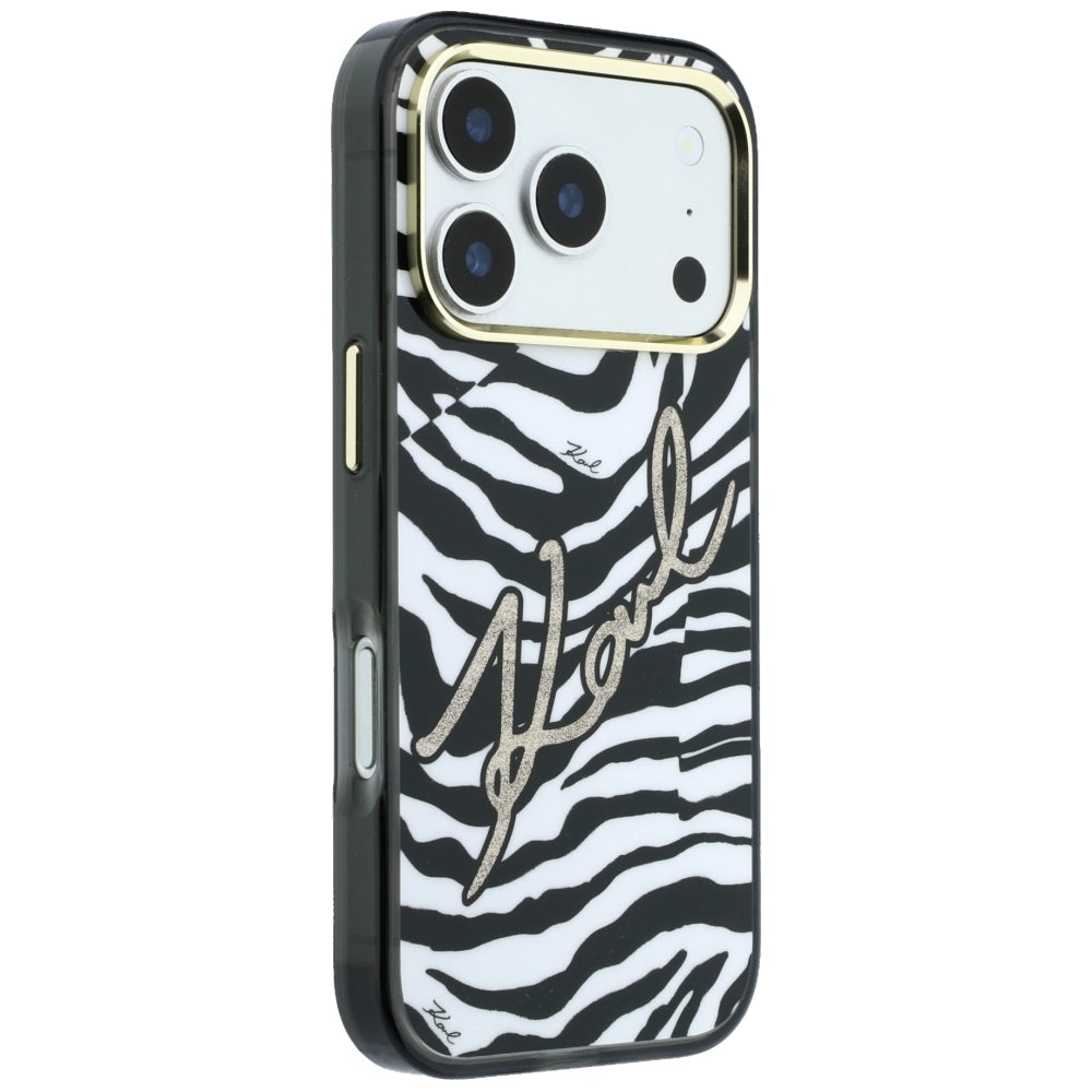 Husa MagSafe pentru Apple iPhone 18 Pro / 17 Pro, Karl Lagerfeld, HC IML Signature Zebra Glitter Gold, Neagra