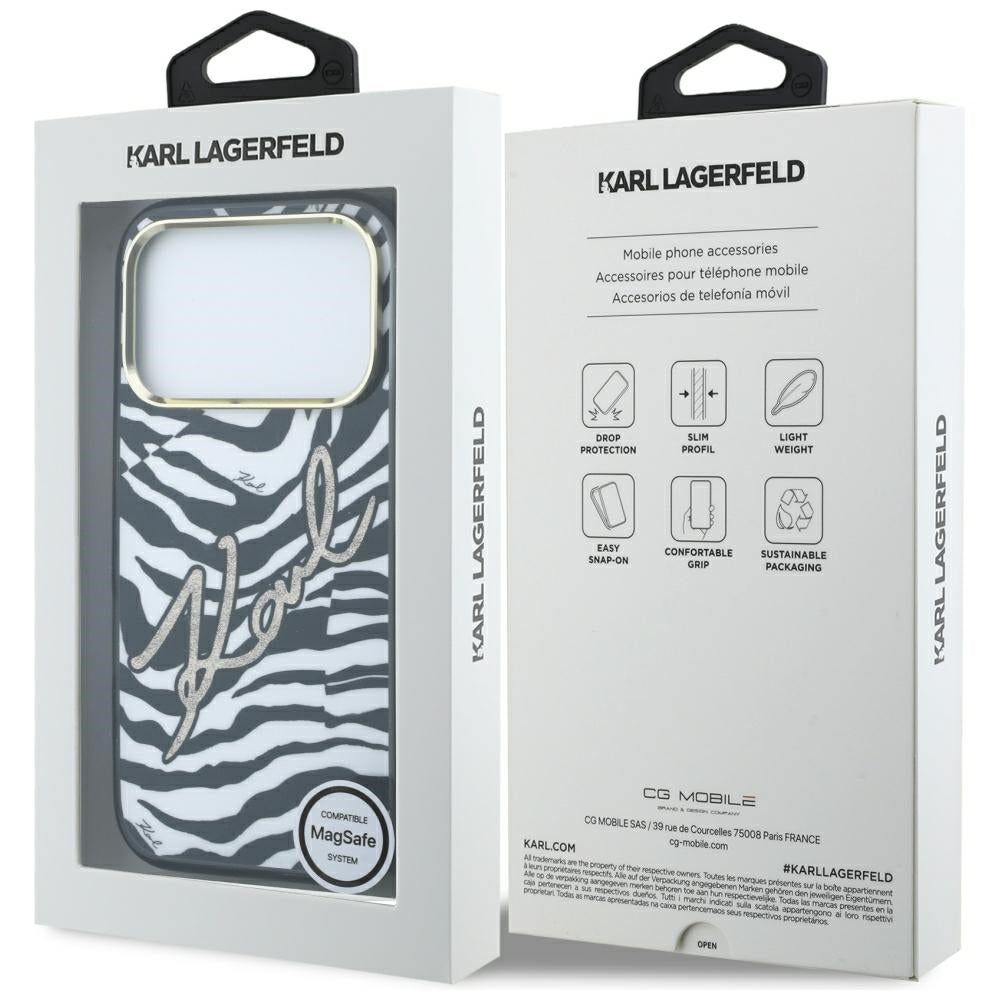Husa MagSafe pentru Apple iPhone 18 Pro / 17 Pro, Karl Lagerfeld, HC IML Signature Zebra Glitter Gold, Neagra