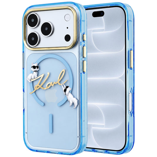 Husa MagSafe pentru Apple iPhone 18 Pro / 17 Pro, Karl Lagerfeld, IML Choupette Karl Script Logo, Bleu