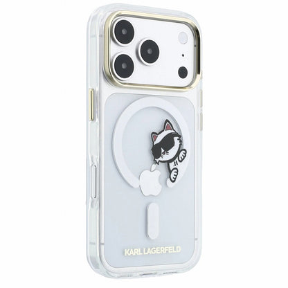 Husa MagSafe pentru Apple iPhone 18 Pro / 17 Pro, Karl Lagerfeld, IML Peekaboo Print and Metal Frame, Transparenta