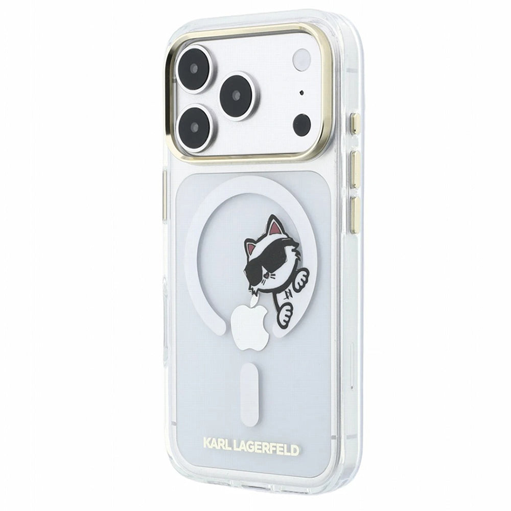 Husa MagSafe pentru Apple iPhone 18 Pro / 17 Pro, Karl Lagerfeld, IML Peekaboo Print and Metal Frame, Transparenta