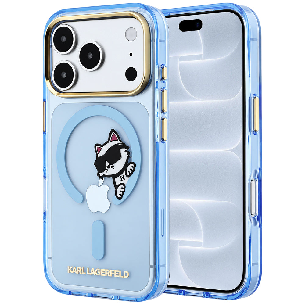 Husa MagSafe pentru Apple iPhone 18 Pro / 17 Pro, Karl Lagerfeld, IML Peekaboo Print Metal Frame, Bleu