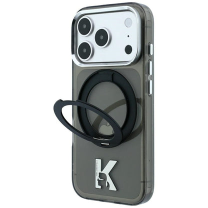 Husa MagSafe pentru Apple iPhone 18 Pro / 17 Pro, Karl Lagerfeld, IML Ring Stand Kameo Metal, Neagra