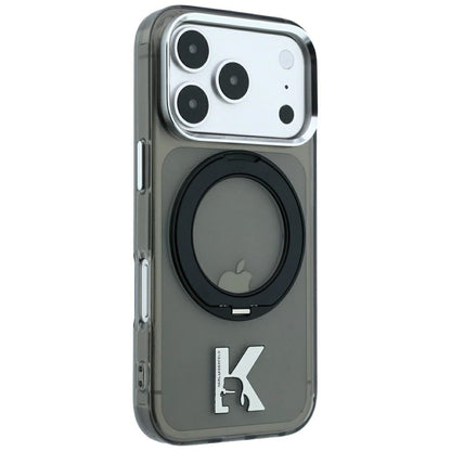 Husa MagSafe pentru Apple iPhone 18 Pro / 17 Pro, Karl Lagerfeld, IML Ring Stand Kameo Metal, Neagra