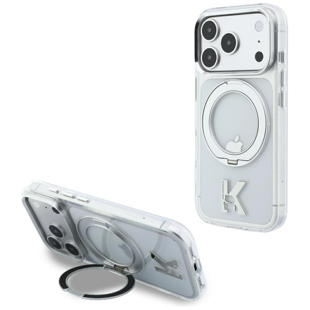Husa MagSafe pentru Apple iPhone 18 Pro / 17 Pro, Karl Lagerfeld, IML Ring Stand Kameo Metal, Transparenta