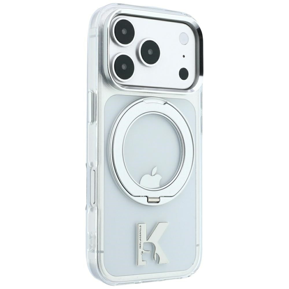 Husa MagSafe pentru Apple iPhone 18 Pro / 17 Pro, Karl Lagerfeld, IML Ring Stand Kameo Metal, Transparenta
