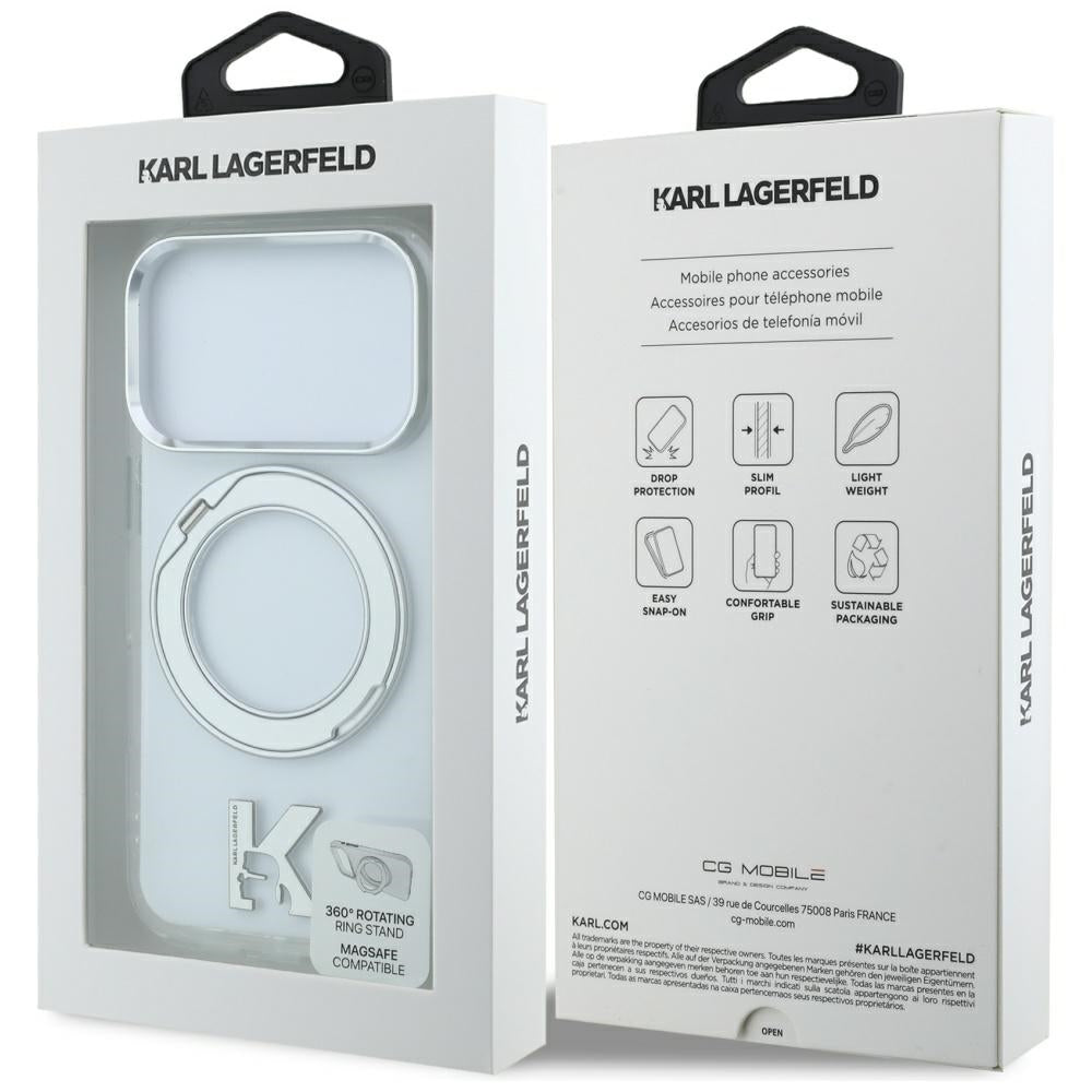 Husa MagSafe pentru Apple iPhone 18 Pro / 17 Pro, Karl Lagerfeld, IML Ring Stand Kameo Metal, Transparenta