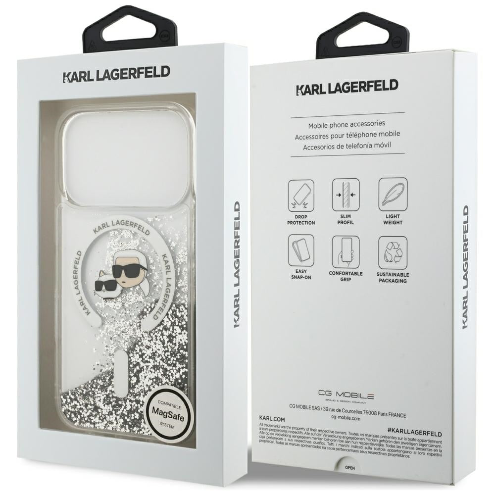 Husa MagSafe pentru Apple iPhone 18 Pro / 17 Pro, Karl Lagerfeld, Liquid Glitter Karl & Choupette Head's, Transparenta