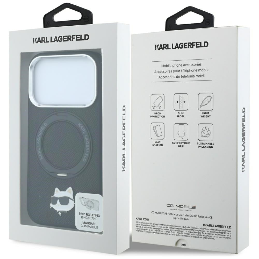 Husa MagSafe pentru Apple iPhone 18 Pro / 17 Pro, Karl Lagerfeld, Ring Stand 360 Choupette Pin, Neagra