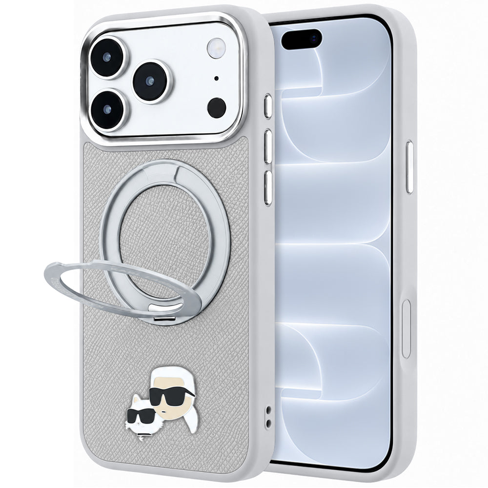 Husa MagSafe pentru Apple iPhone 18 Pro / 17 Pro, Karl Lagerfeld, Ring Stand 360 Karl & Choupette Pin, Gri